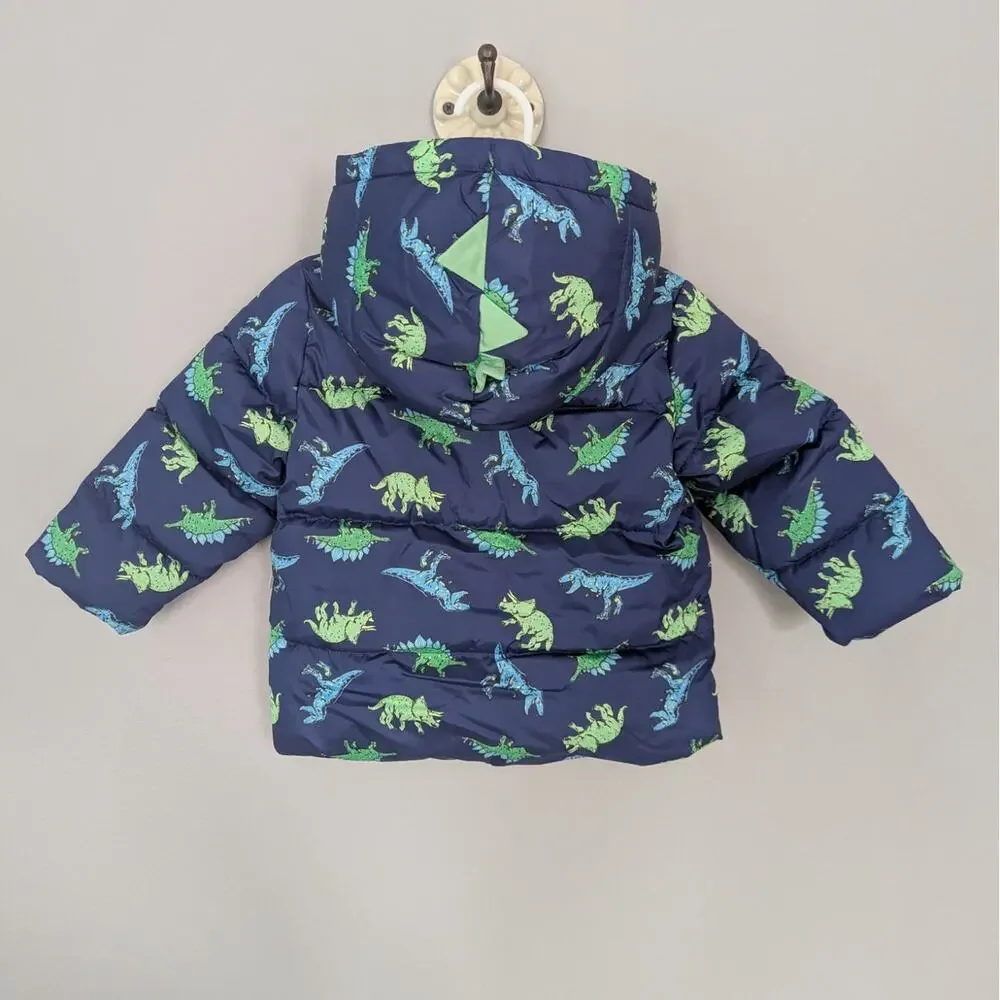 NWT Old Navy Blue Dinosaur Hooded Puffer Jacket Coat size 12-18 months